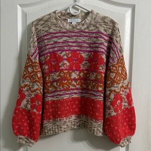 Boutique Multicolor Fair Isle Crewneck Sweater - Red, Orange & Pink